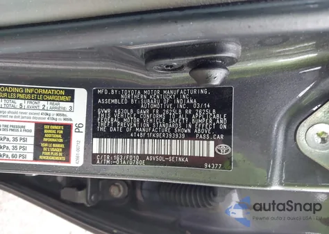 2014 Toyota Camry Le из США, поврежденный, VIN 4T4BF1FK9ER393939